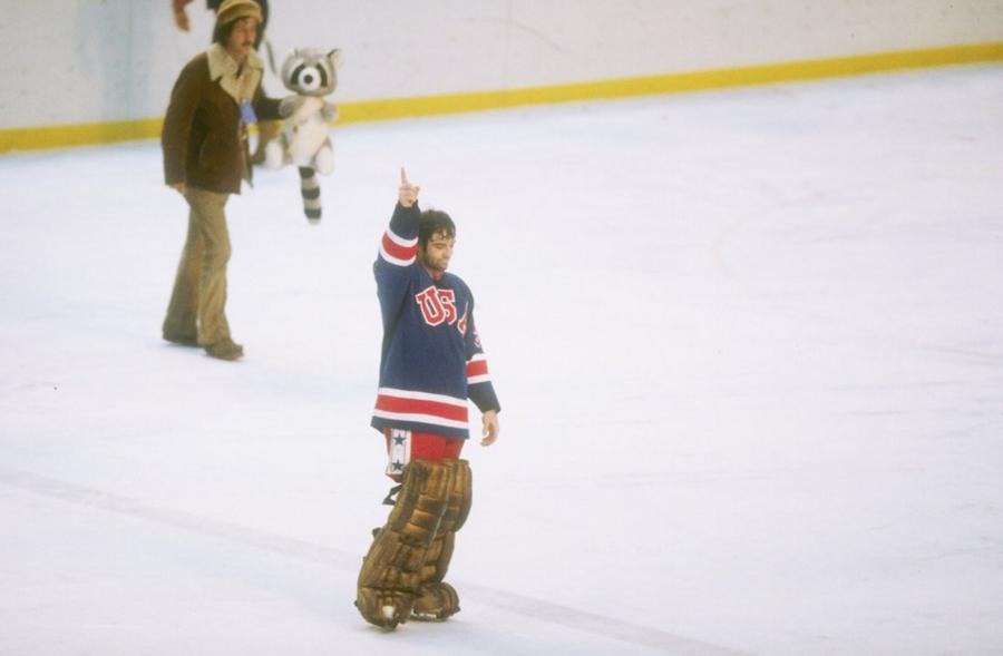 Jim Craig of the United States hockey team celebrates after the victory over Finland to win the gold medal on February 24, 1980 at the 1980 Winter Olympics in Lake Placid, New York. Photo by Steve Powell/Getty Images