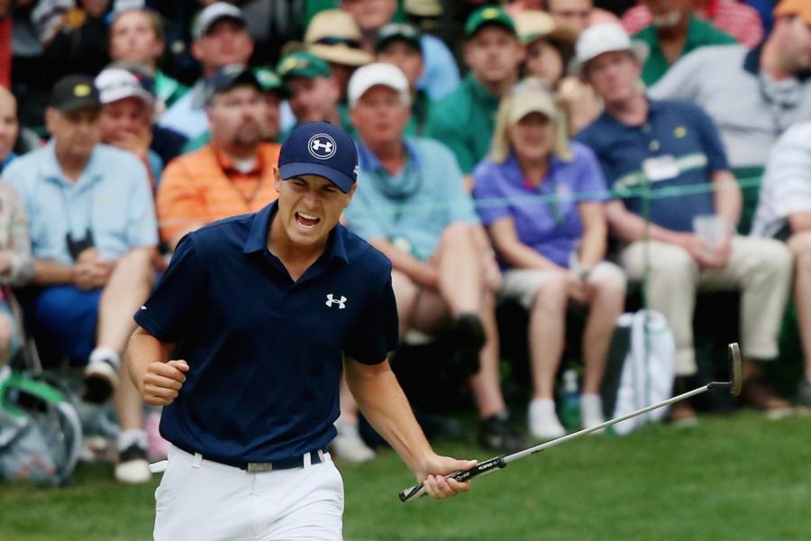 AUGUSTA, GA - APRIL 12: Jordan Spieth of the United States reacts to a par-saving putt on the 16th green during the final round of the 2015 Masters Tournament at Augusta National Golf Club on April 12, 2015 in Augusta, Georgia. (Photo by Andrew Redington/Getty Images)