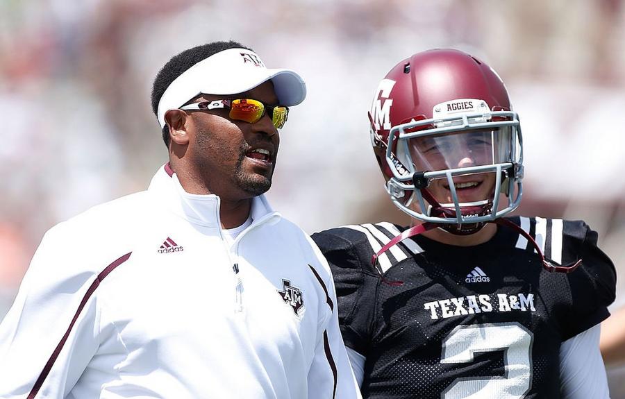 COLLEGE STATION, TX - APRIL 13: Head coach Kevin Sumlin of the Texas A&M Aggies chats with his quarterback Johnny Manziel #2 before the Maroon & White spring football game at Kyle Field on April 13, 2013 in College Station, Texas. (Photo by Scott Halleran/Getty Images)