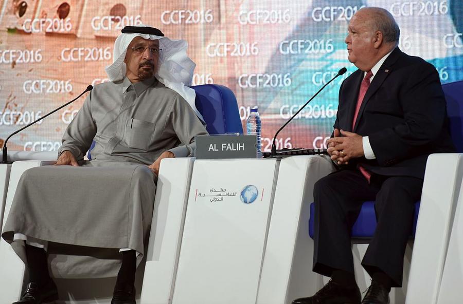US Ambassador to Saudi Arabia Joseph Westphal (R) speaks as Khalid al-Falih, the chairman of Saudi state oil giant Aramco, listens during the 10th Global Competitiveness Forum on January 25, 2016, in the capital Riyadh. The an annual event brings together high-ranking Saudi officials and world business leaders. / AFP / Fayez Nureldine (Photo credit should read FAYEZ NURELDINE/AFP/Getty Images)