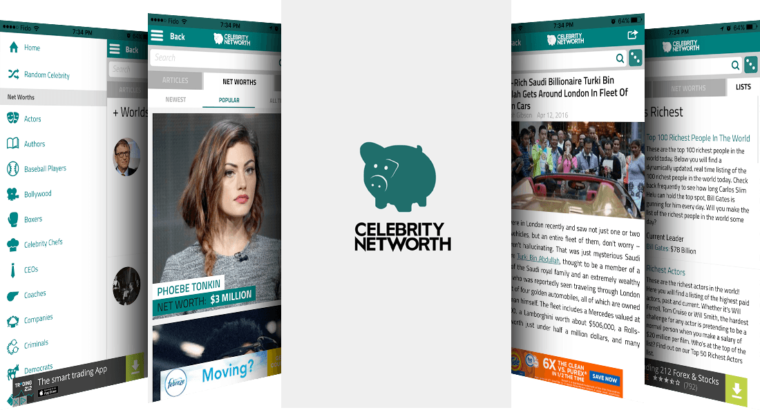 Screenshots of the Celebrity Net Worth app