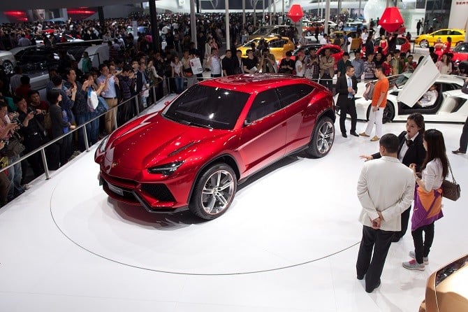 A Lamborghini Urus concept SUV is displayed at the Auto China 2012 car show in Beijing on April 26, 2012. Carmakers at the Beijing auto show are due to unveil scores of clean energy vehicles as they try to convince Chinese customers to swap gas-guzzling SUVs for cleaner but slower and pricier options. AFP PHOTO / Ed Jones        (Photo credit should read Ed Jones/AFP/GettyImages)