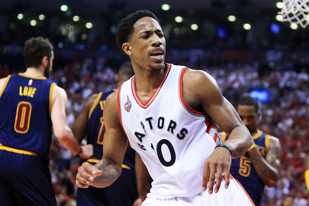 in game six of the Eastern Conference Finals during the 2016 NBA Playoffs at Air Canada Centre on May 27, 2016 in Toronto, Canada. NOTE TO USER: User expressly acknowledges and agrees that, by downloading and or using this photograph, User is consenting to the terms and conditions of the Getty Images License Agreement.